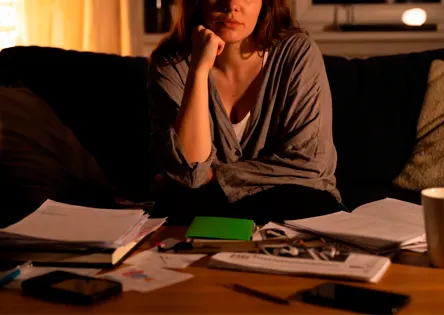 Задумчивая женщина сидит на диване с рукой у подбородка